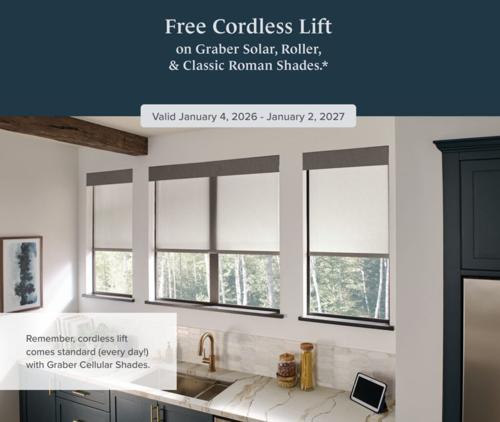 Graber FREE Cordless Lift system available at Blinds are Beautiful. Solar, Roller, Classic Roman and Cellular Shades